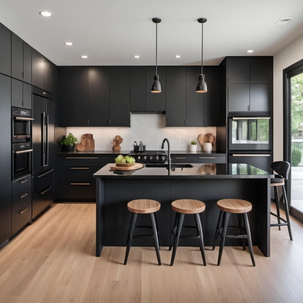 Modern kitchen with bold cabinetry, built-in appliances, black quartz countertops and black fixtures.