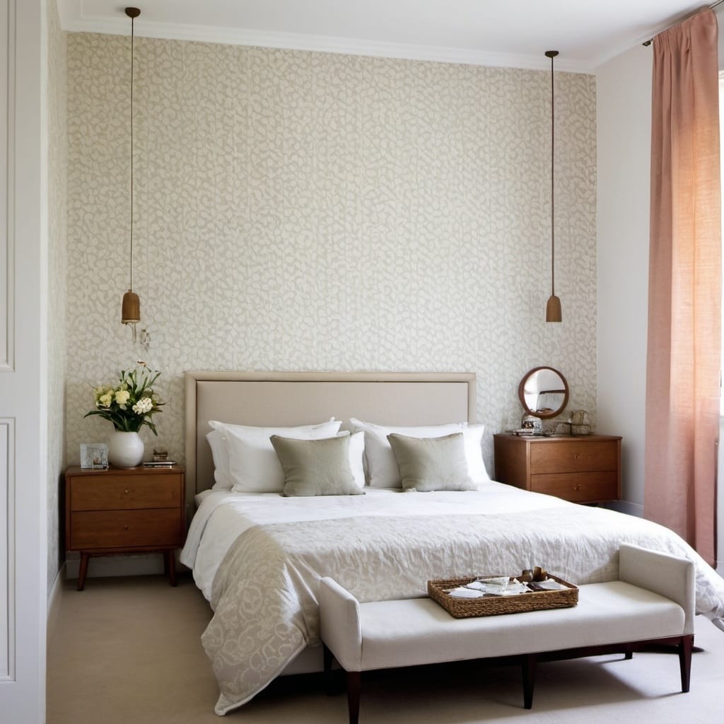 modern bedroom with two pendant lights and large bed