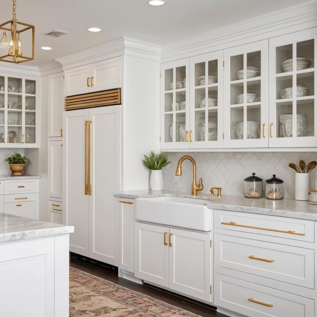 large traditional kitchen with white shaker cabinets and gold fixtures
