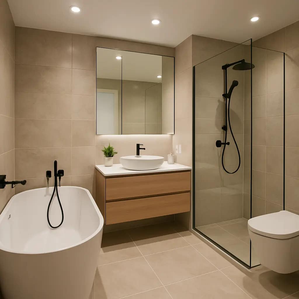 Luxury bathroom remodel in Vancouver by Quay Construction featuring a freestanding tub, glass walk-in shower, and floating wood vanity.