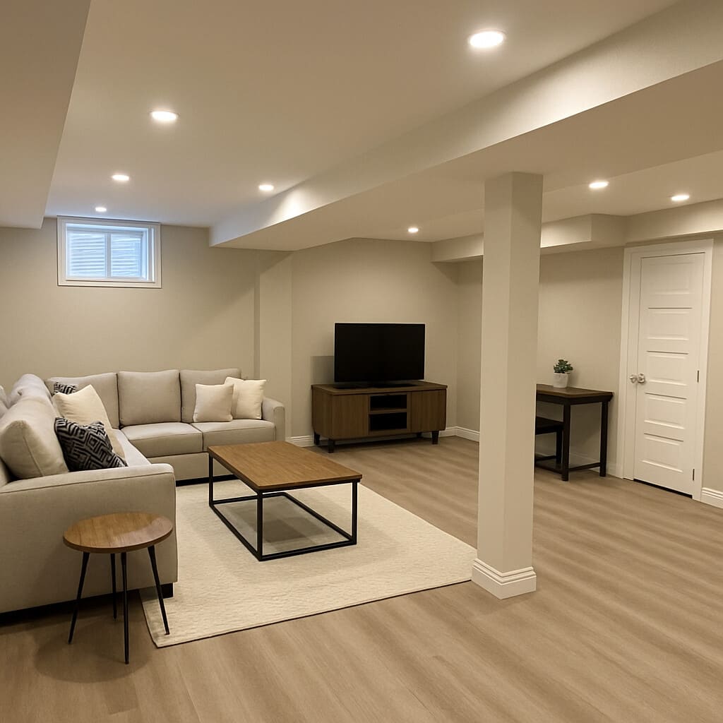Modern finished basement living area in Vancouver designed by Quay Construction, featuring luxury vinyl plank flooring, recessed ceiling lights, a large sectional sofa, and a support column, illustrating factors that affect basement remodel costs.