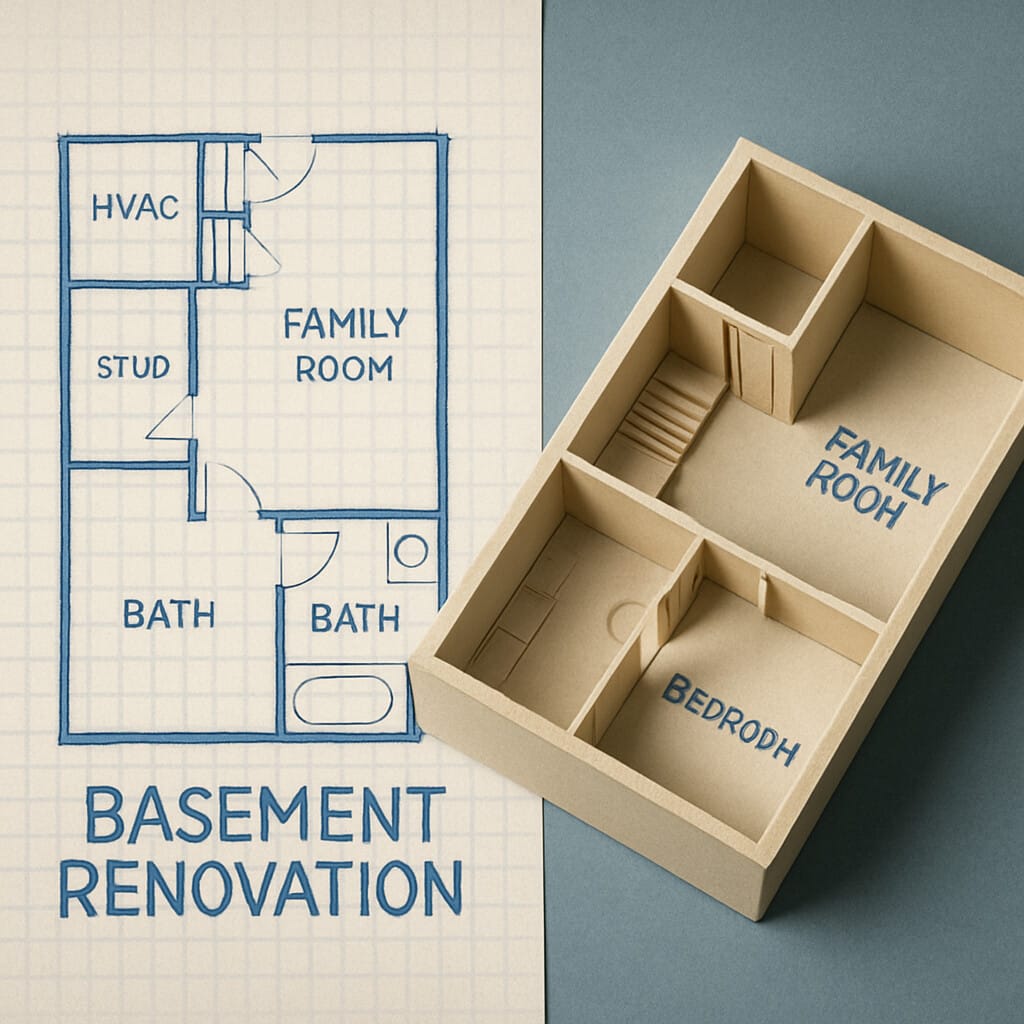 A basement renovation planning graphic by Quay Construction showing a 2D floor plan and a 3D model with labels for a family room, bedroom, and bathroom to illustrate basement remodel costs.