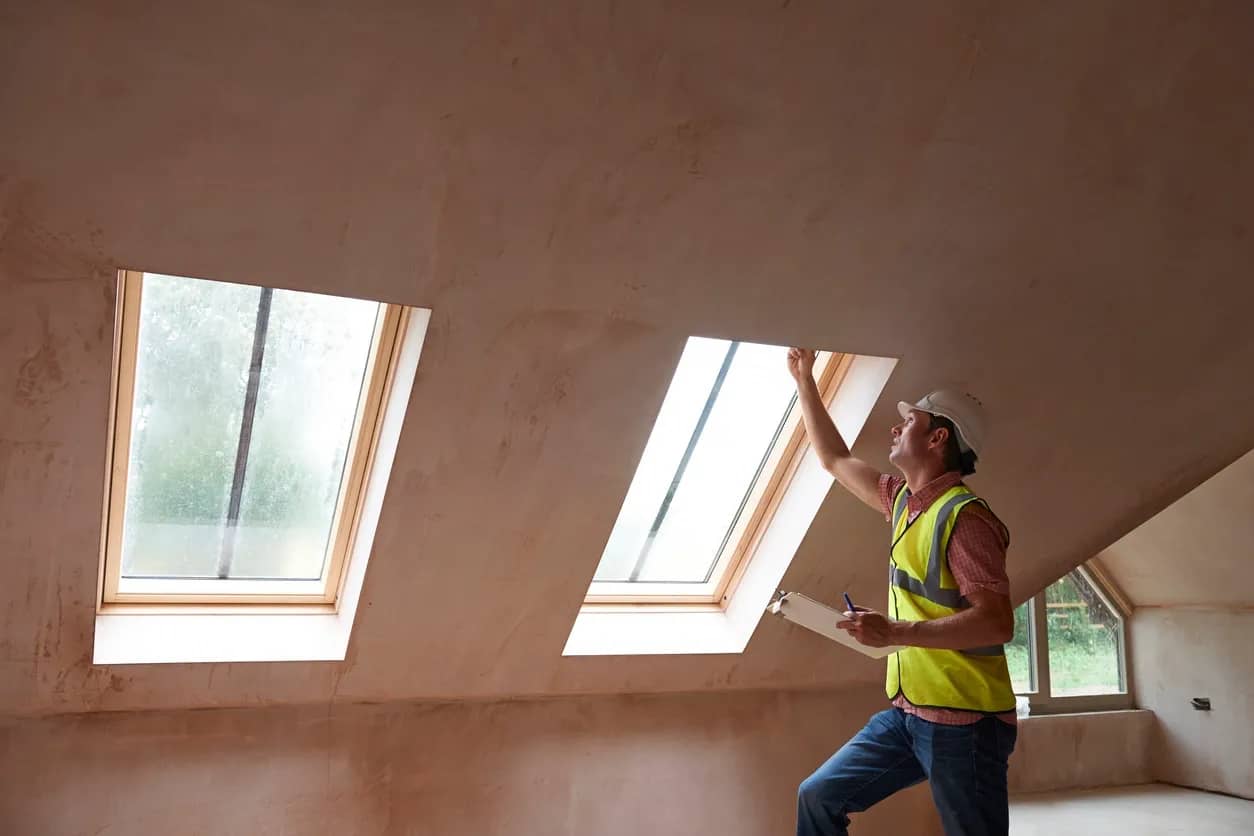 Contractor looks at ceiling, broken up by skylights and in a terracotta colour