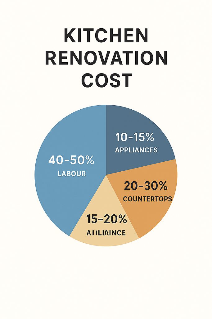 Pie chart showing the cost breakdown of a typical kitchen renovation in Coquitlam, with labour at 40–50%, countertops at 20–30%, cabinetry at 15–20%, and appliances at 10–15%.