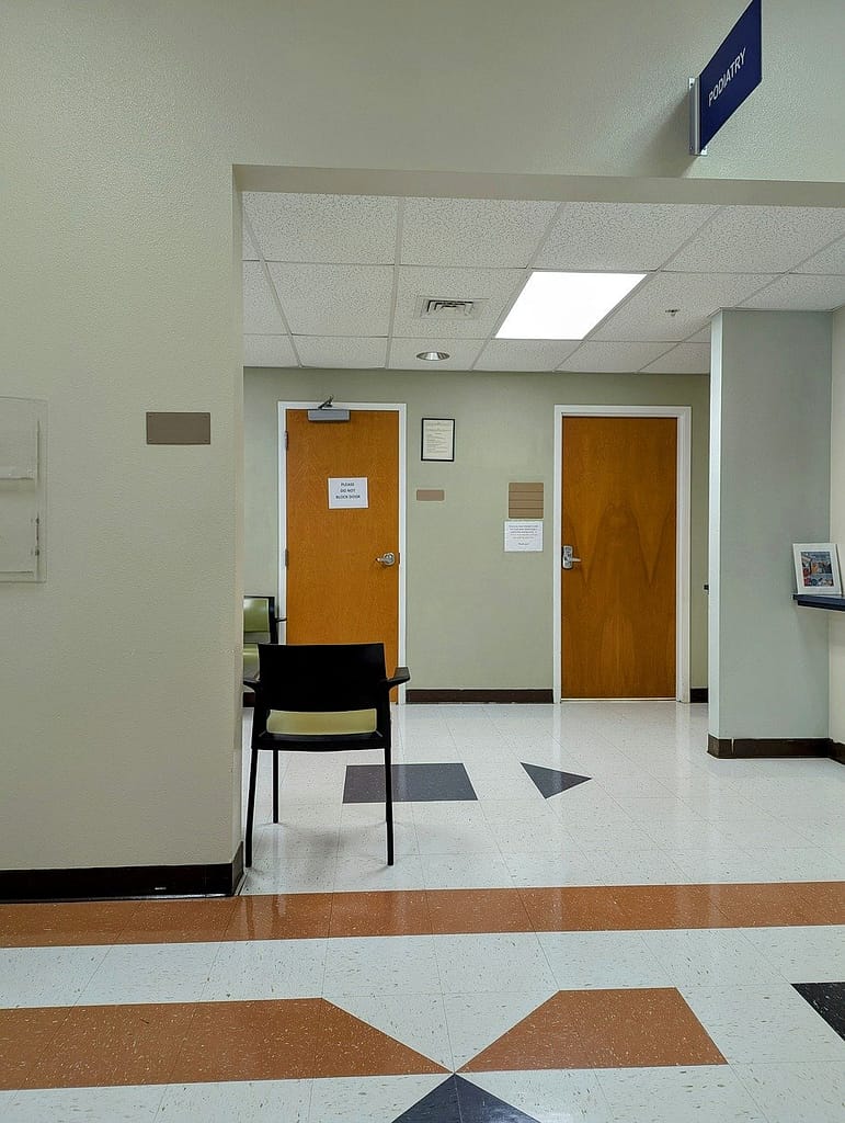 clinic, doctor, hall, signs, chairs, waiting room, sitting area, podiatrist, doorway