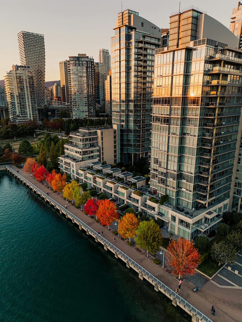 Aerial shot of Yaletown seawall on a summer day