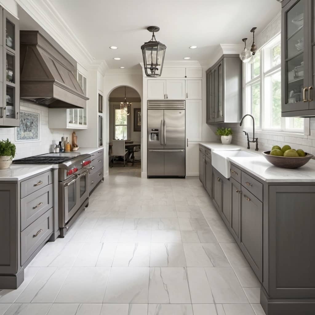 kitchen with engineered hardwood flooring and walnut cabinetry and gray countertops