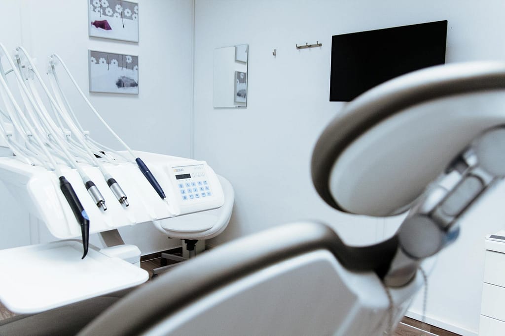 Dentist office with gray chair