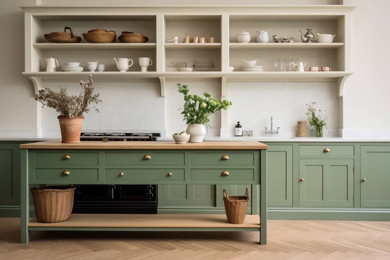 Kitchen with green cabinets, wood countertop and herringbone flooring