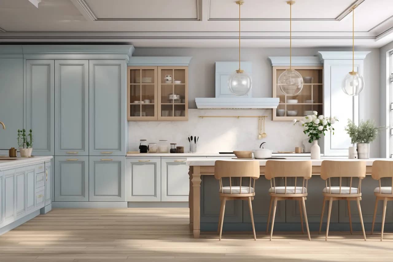 Sky blue kitchen with gold fixtures and long island