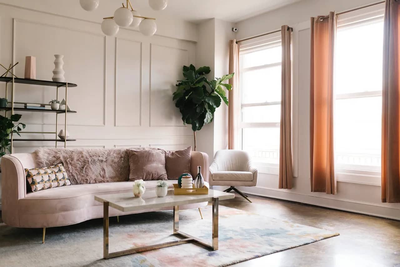 Bright colours, modern coffee table, large fig plant, open windows, pastel coloured curtains