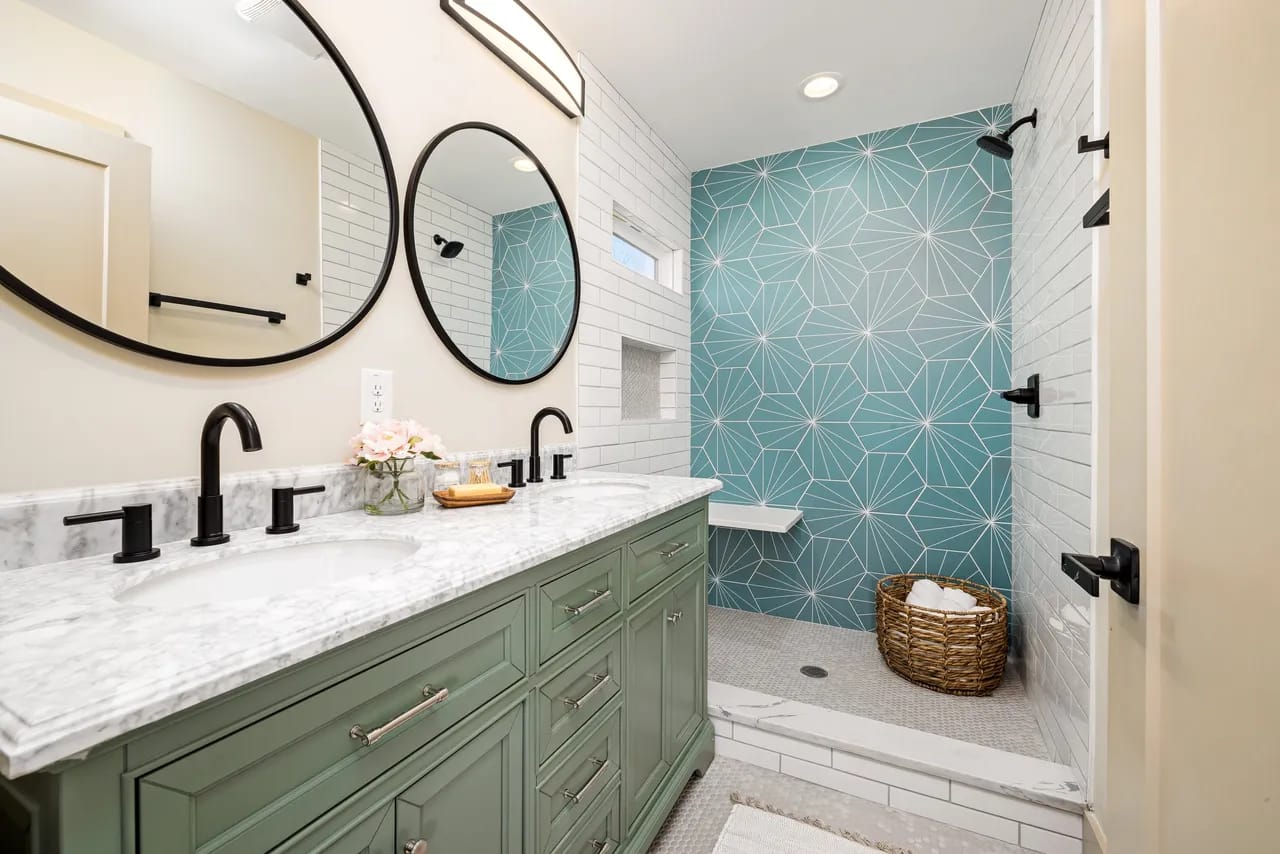 Bathroom Renovation Vancouver with blue wall tiles and green vanity