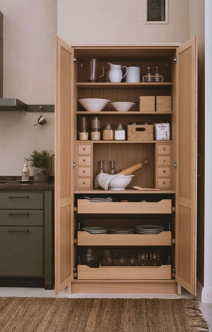 wood kitchen pantry with pull-out drawers and trays